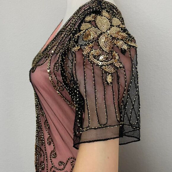 Beaded Pink Black Flapper Dress Fringe Vintage Gold Sequins Bias Cut Size M - Picture 5 of 8